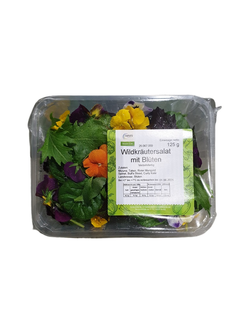 Wildkräutersalat mit Blüten 125g Schale „Napuro“ – Weihe Webshop